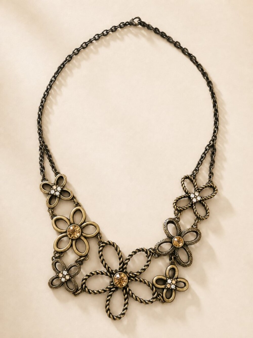 Vintage Antique Gold Floral Rhinestone Flower Statement Boho Necklace